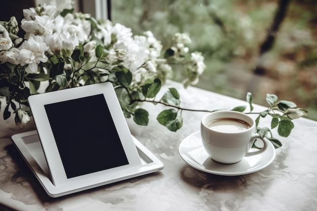 A tablet and a cup of coffee on a table with a white flower in the background