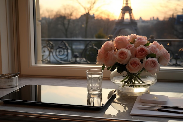 Tablet on a desk with an iconic landmark view