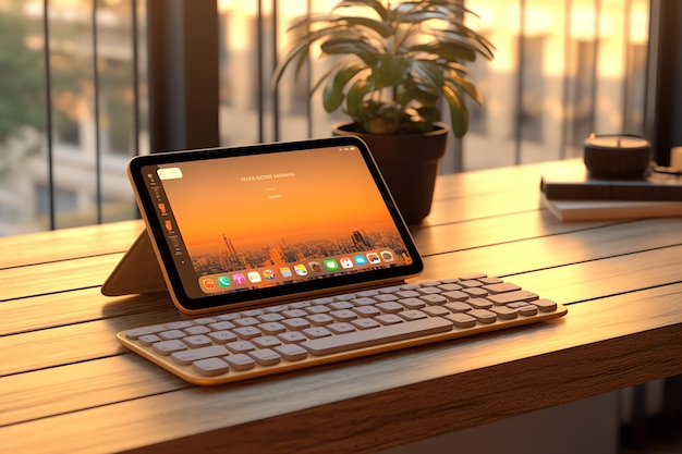 A tablet on a desk with a keyboard