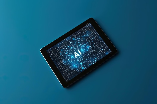 사진 파란색 바탕에 복잡한 인공지능 뇌 패턴을 표시하는 태블릿