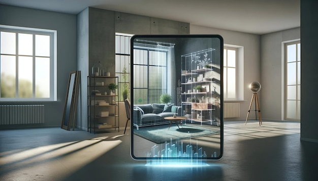 Tablet Displaying Holograph Virtual Reality Modern Decor Future Concept VR Mockup Interior Design