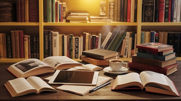 Tablet en boeken bij de boekenplank