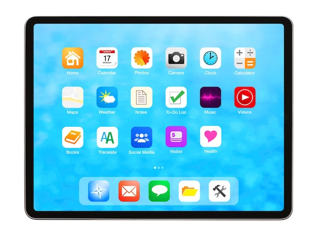 Foto tablet geïsoleerd op een witte achtergrond startscherm mockup met app pictogrammen