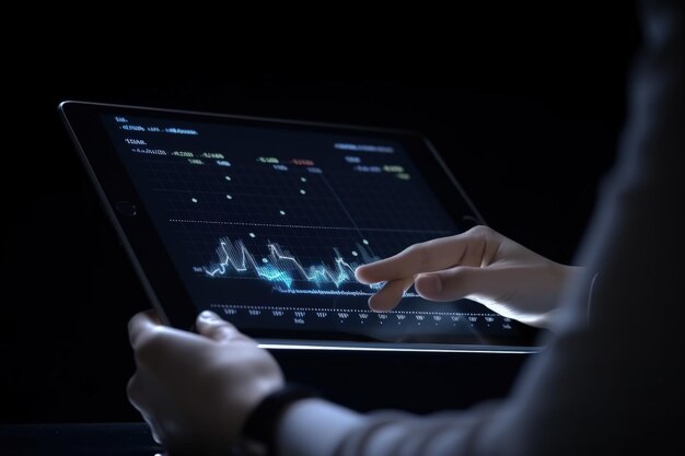 画面上のグラフを含むタブレットの図人間の手のデータ分析の概念生成 AI