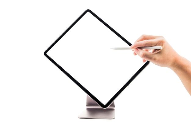 A tablet is placed on a white background