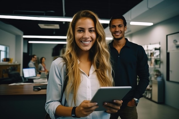 The tablet is used by Friends managers a man and woman employees in the office colleagues working