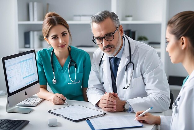 Photo tablet medicine or collaboration with a doctor and nurse talking in the hospital while doing research healthcare teamwork and trust with professional medical colleagues working in a clinic