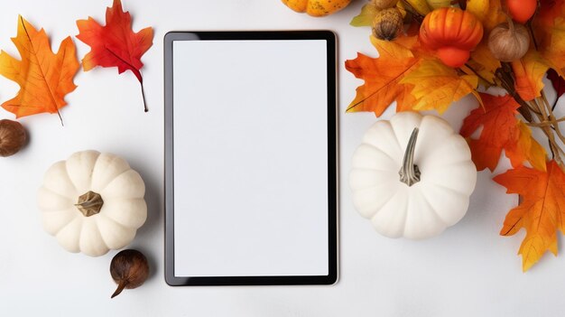 Tablet met leeg scherm met herfst pompoen plaats voor tekst