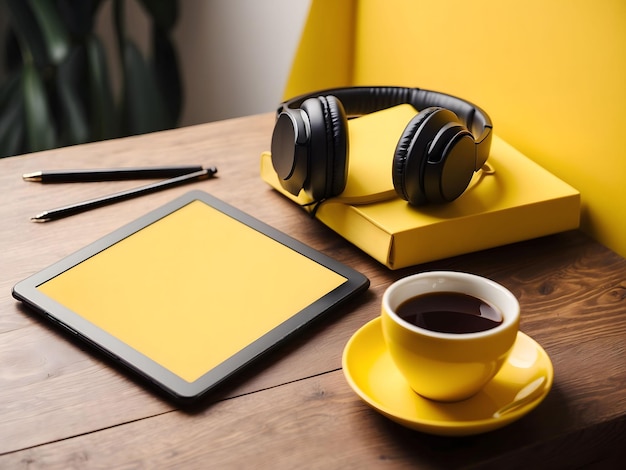 Tablet met leeg scherm naast koptelefoon en koffie op levendig geel