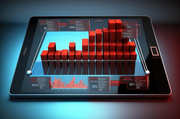 Tablet met rode grafiekbalken op grijze achtergrond gemaakt met behulp van generatieve ai-technologie