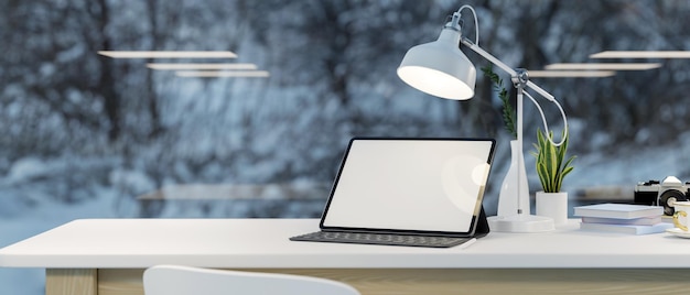 Tablet mockup on white top table over blurred winter snow through the glass window 3d render