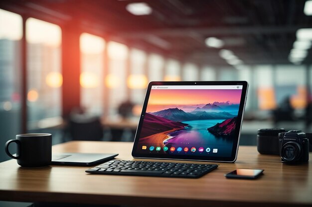 Tablet mockup with wireless keyboard and empty space on tabletop over blurred office in background