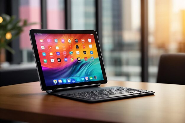 Tablet mockup with wireless keyboard and empty space on tabletop over blurred office in background