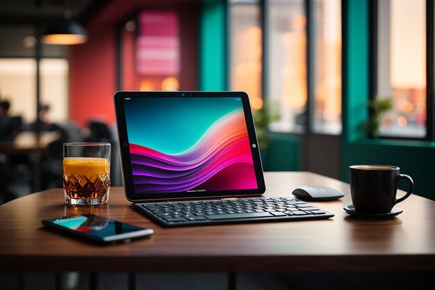 Tablet mockup with wireless keyboard and empty space on tabletop over blurred office in background