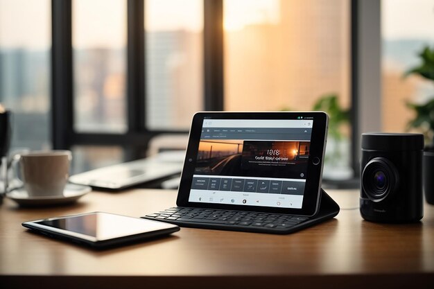 背景のぼやけたオフィスの上にワイヤレスキーボードと卓上の空スペースを備えたタブレットのモックアップ