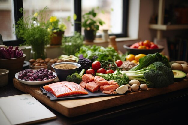 Tablet in a nutritionists office with healthy food