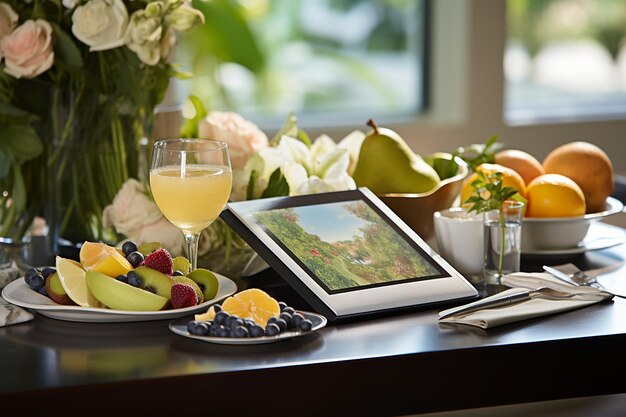 Tablet in a nutritionists office with healthy food