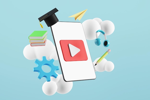 Tablet of mobiel voor online leren vrije ruimte voor redacteuren Online onderwijsconcept 3Drendering en uitknippad voor elk element