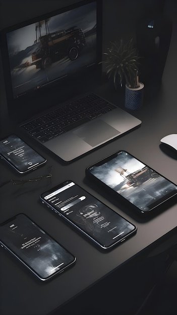 Photo tablet pc and smartphone on the table in the dark room