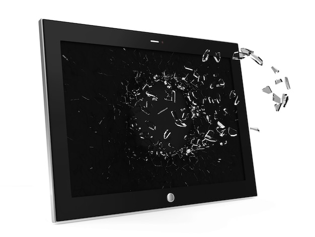 Photo tablet pc with broken display isolated on white background