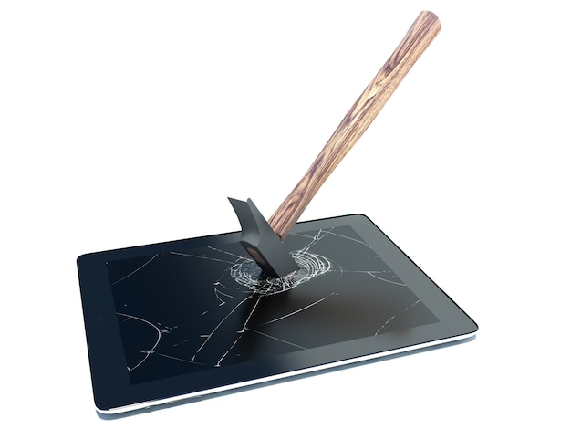 Tablet pc with broken screen on white background