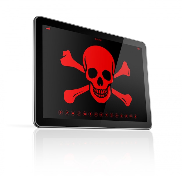 Tablet PC with a pirate symbol on screen. Hacking concept