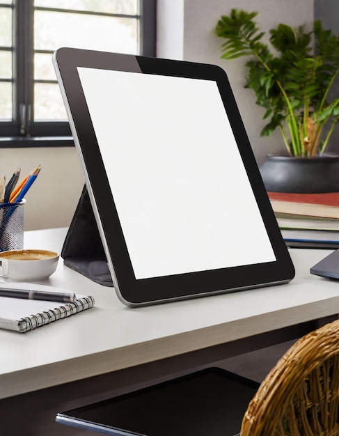 tablet pc with white blank screen at desk