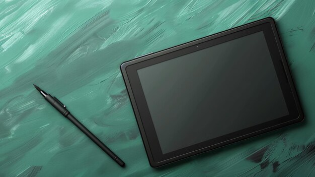 Photo a tablet and pen rest on a vivid green surface