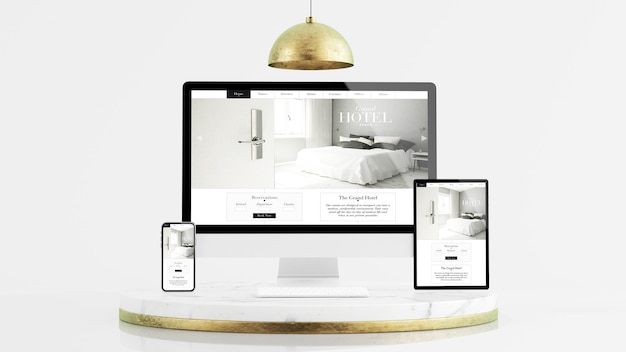 Tablet, phone and computer responsive devices on marble and gold platform mockup 3d rendering