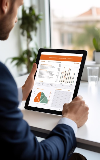 Фото Планшетный экран с диаграммами и графиками в руках бизнесмена в костюме в офисе
