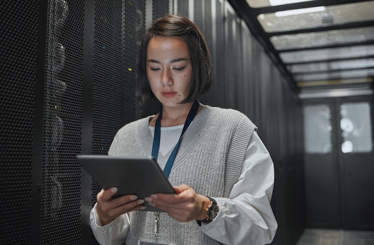 Photo 桌面伺服器室和安全與一個程序員亞洲女人在電腦主機上工作 軟件數據庫和信息技術與一個女編碼員獨自在網路網絡上工作