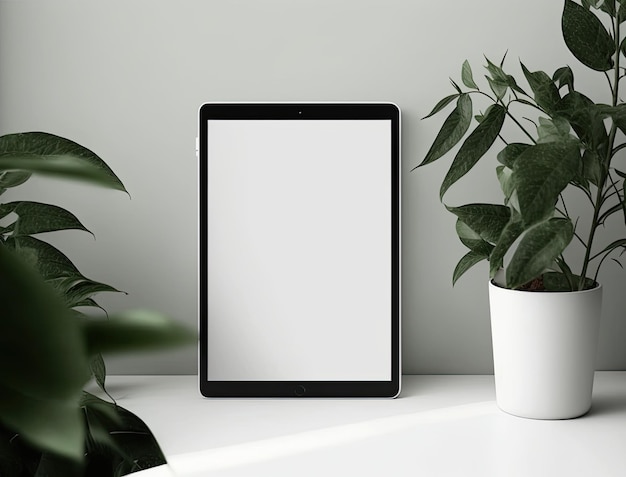 A tablet sits on a table next to a plant.