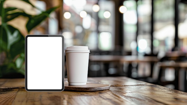 Tablet and smartphone mockup with blank screens on a wooden table in a cafe
