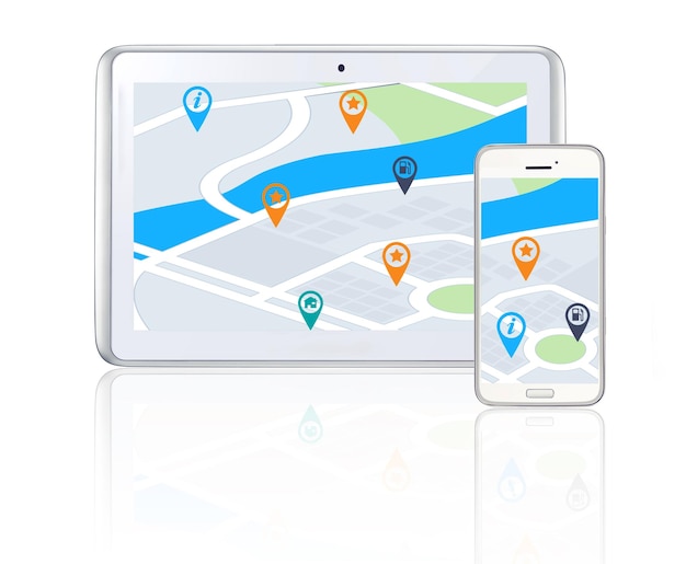 Tablet smartphone or online location to travel on city road map or direction route on screen or white background Mockup digital or mobile app ux journey display global navigation or virtual guide