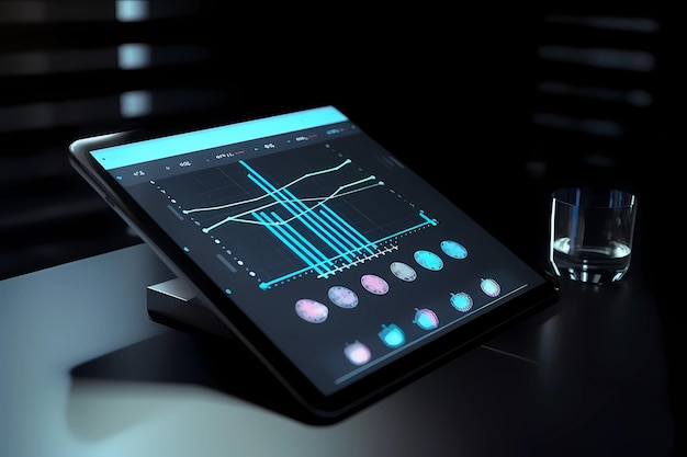 Photo tablet on table displaying financial ratings and 5g connectivity