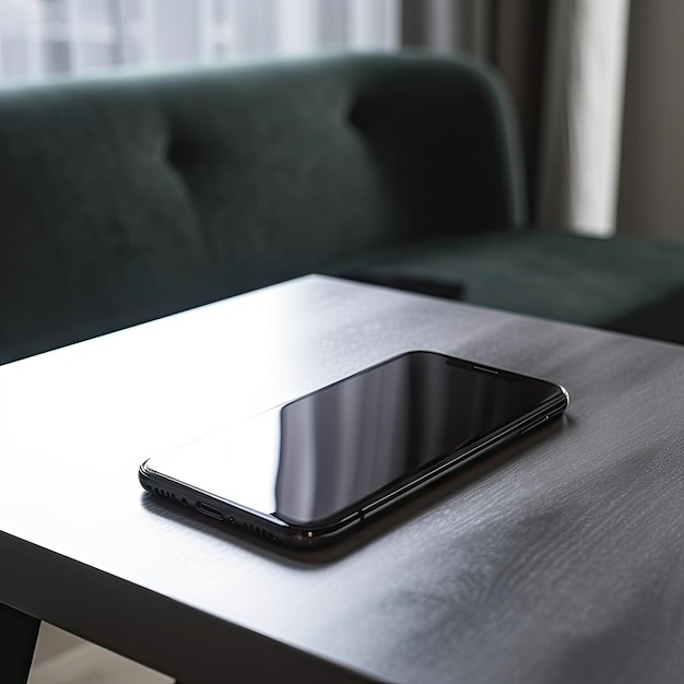 A tablet on a table with a dark green couch in the background.