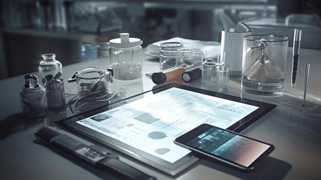 Photo a tablet on a table with a display of a cell phone and a glass display.