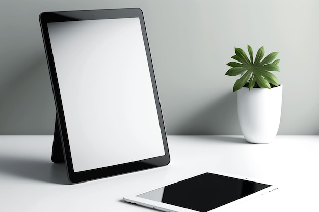 A tablet next to a tablet on a table with a plant in the background.