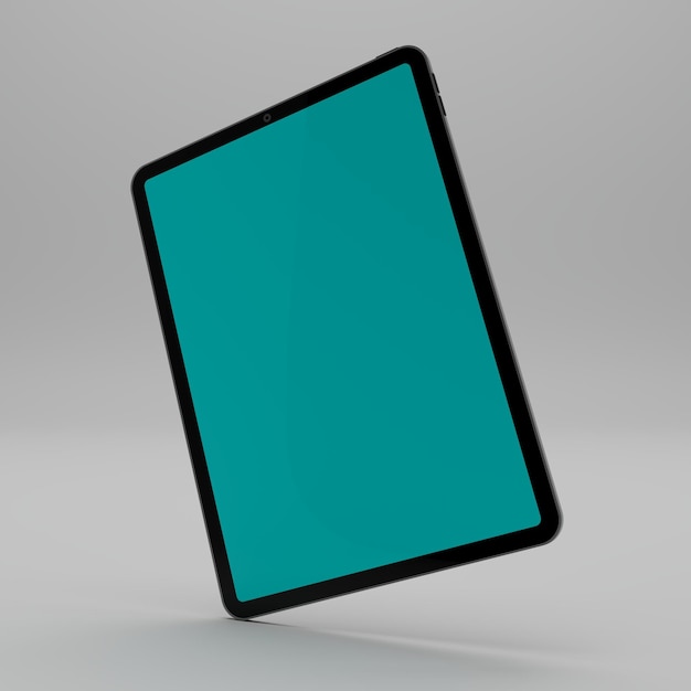 tablet in an upright tilted position on a gray background with a blue colored screen