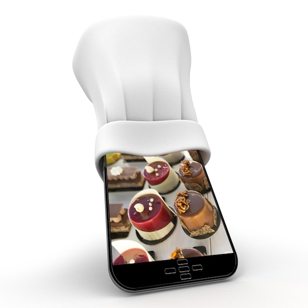 Tablet wearing a chefs toque with the picture of delicious cakes