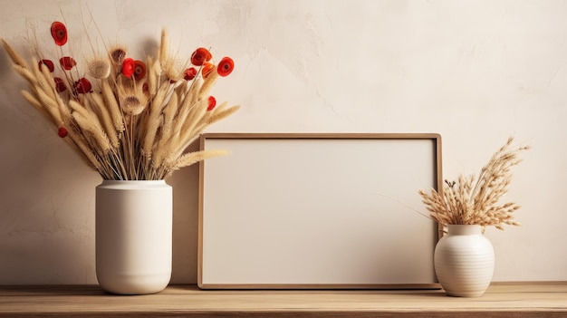 a tablet with a blank screen as it sits alongside a neutral beige clay pot adorned with dried grass and poppies