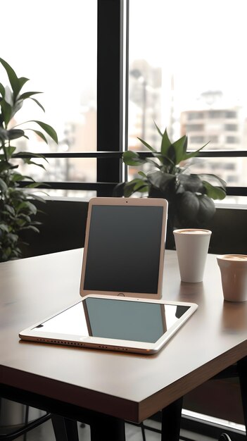 Tablet with blank screen on table in cafe Mockup for design