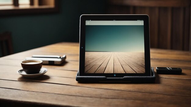 Photo tablet with blank screen on wooden table