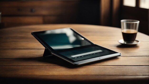 Tablet with blank screen on wooden table