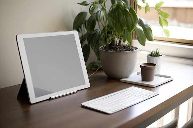 Tablet with a blank white screen magic keyboard device and house on a wooden table