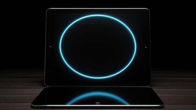 Photo a tablet with a blue circle around it and a circle of light around it.