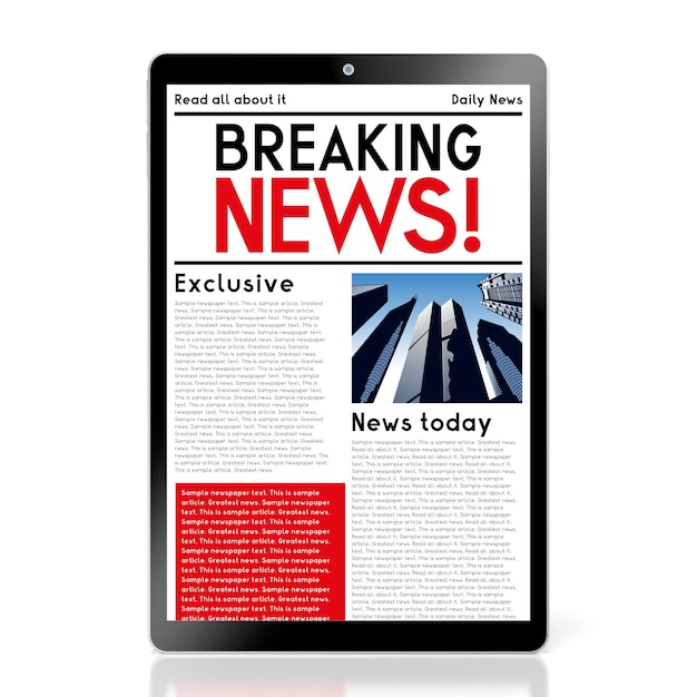 Tablet with breaking news web page 3D illustration