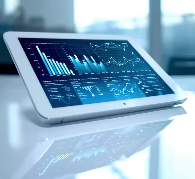 Photo a tablet with business graphs displaying on the screen in white background