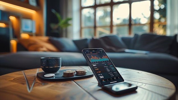 Photo a tablet with a digital screen sits on a coffee table