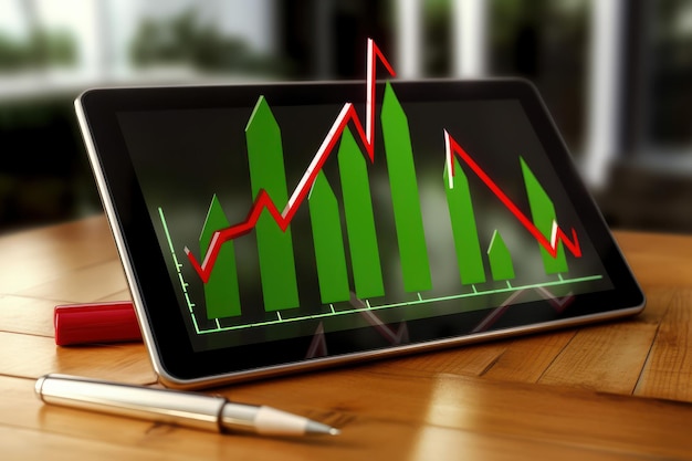 Tablet with financial rise and fall chart Green and red 3D graphs of financial stock market energy prices business and technology development Financial analysis results and forecasts Template